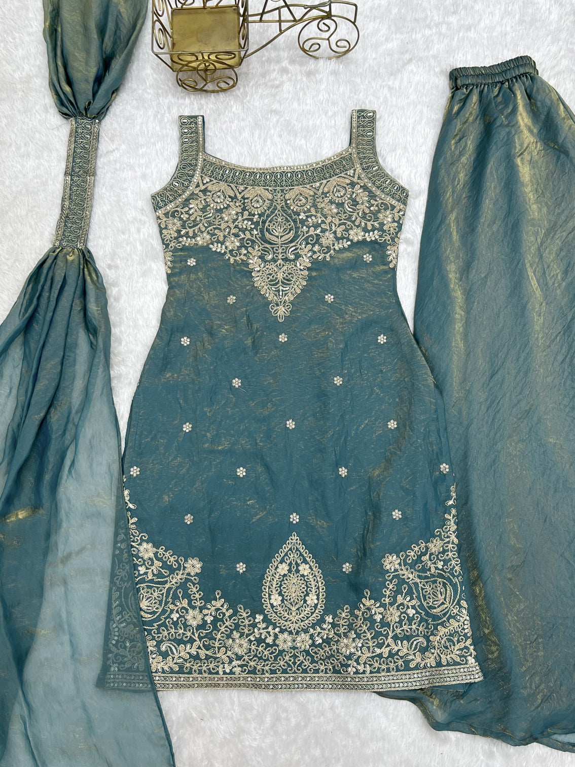 Sea Green Silk Embroidered Sharara Set