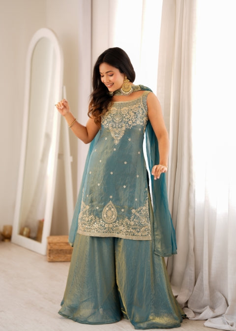Sea Green Silk Embroidered Sharara Set