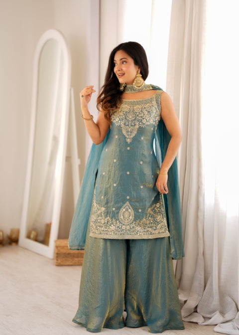Sea Green Silk Embroidered Sharara Set