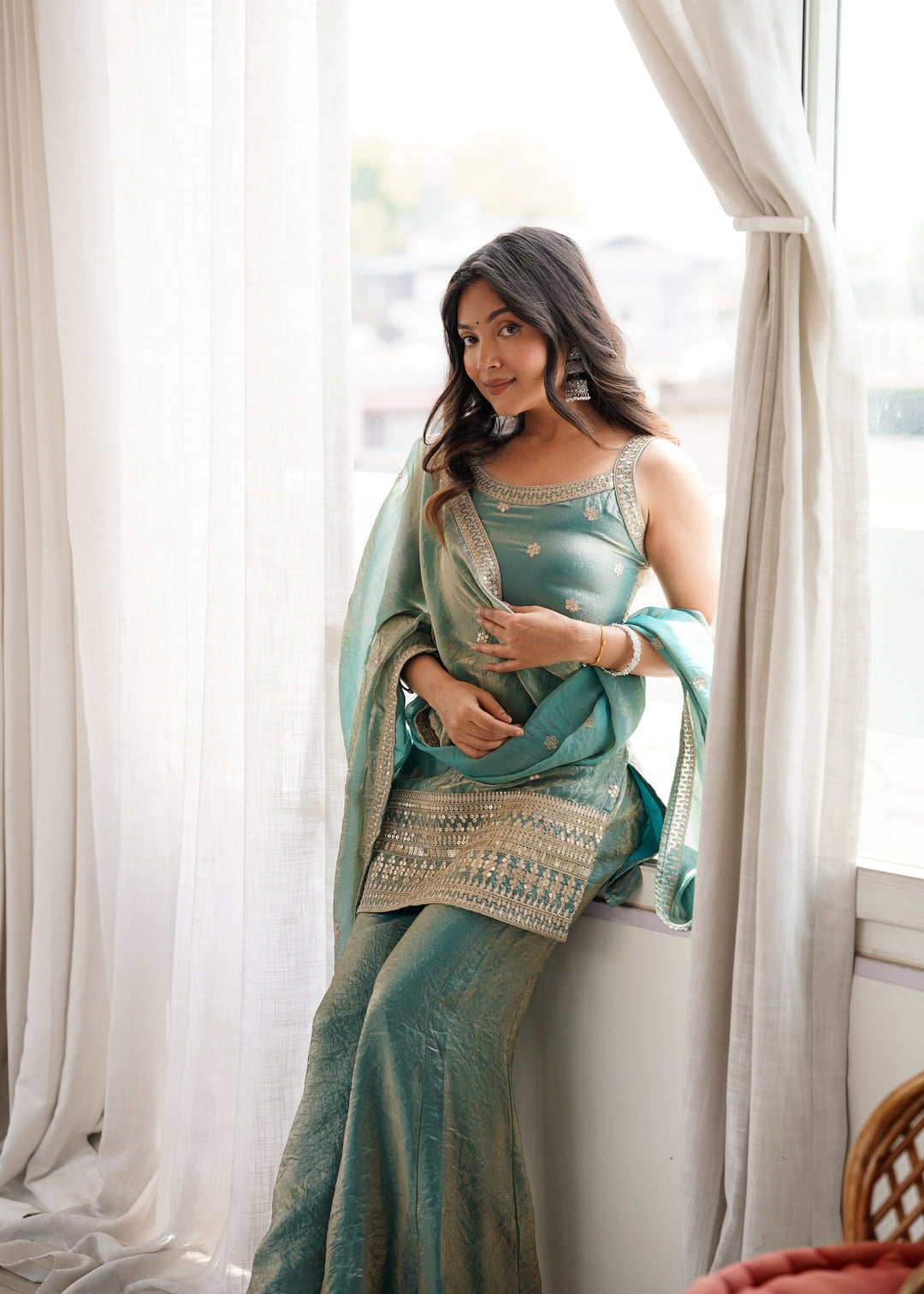 Sea Green Silk Kurta Set with Dupatta