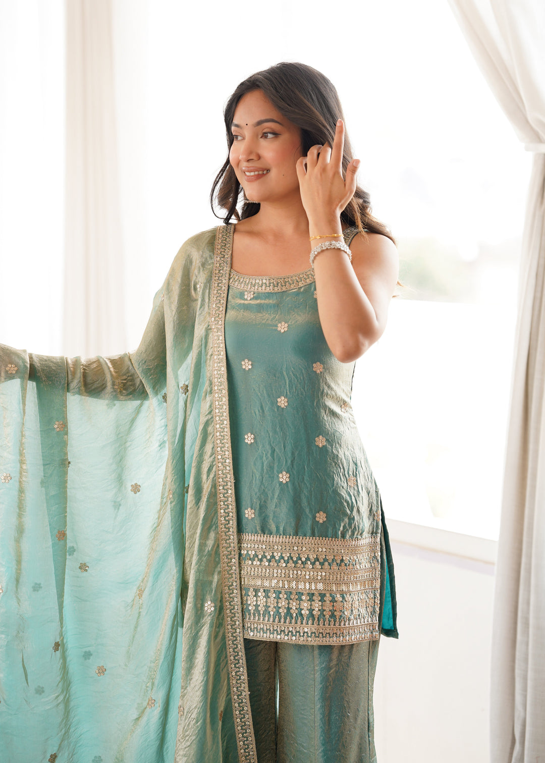 Sea Green Silk Kurta Set with Dupatta