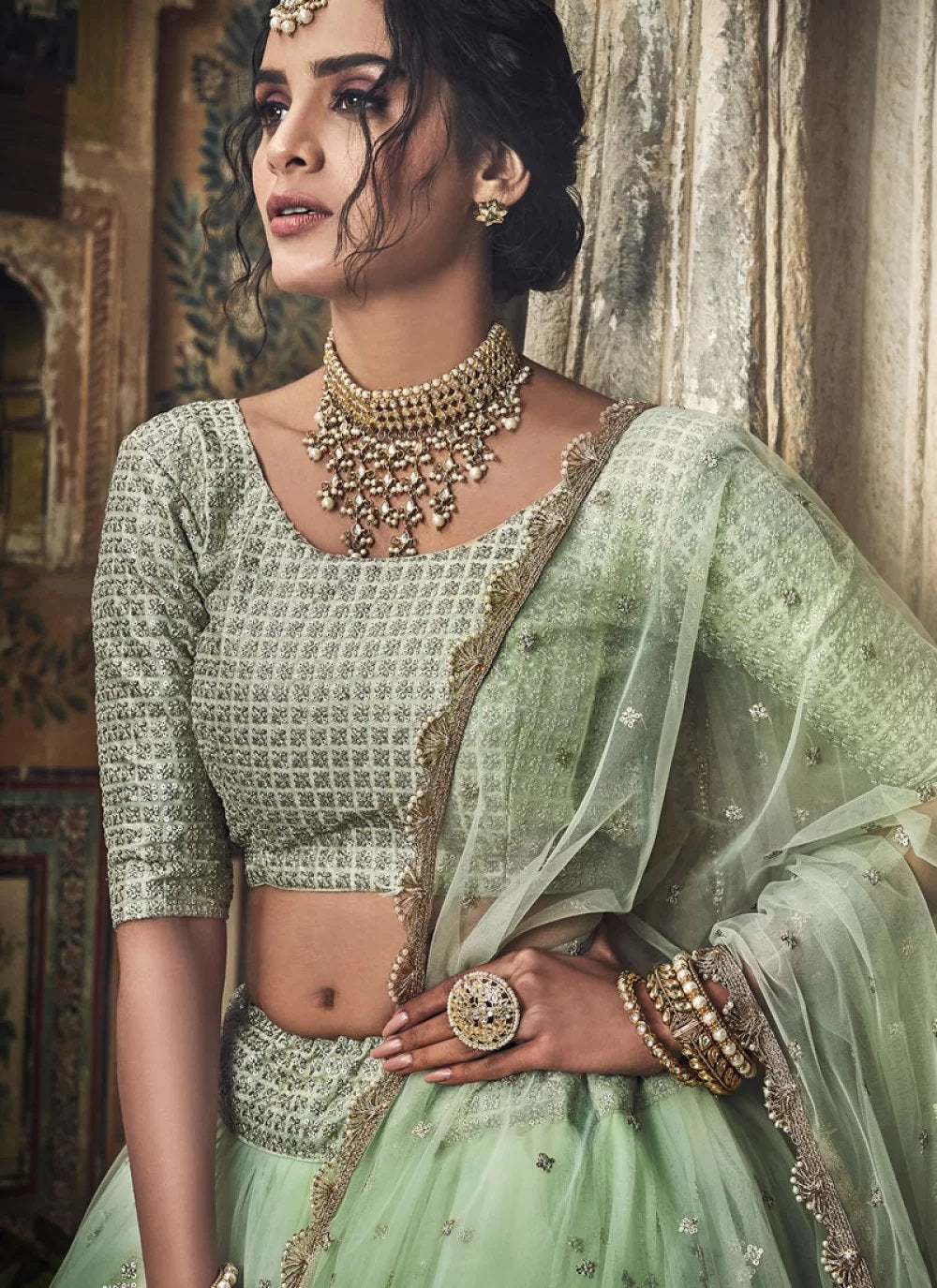 Sea green soft net party wear lehenga choli