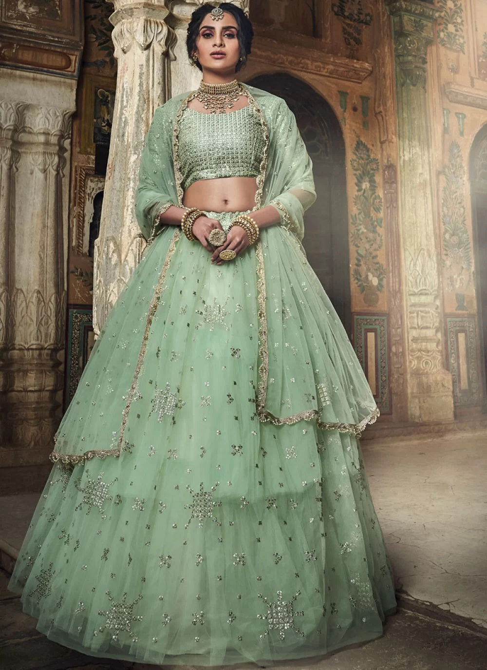 Sea green soft net party wear lehenga choli