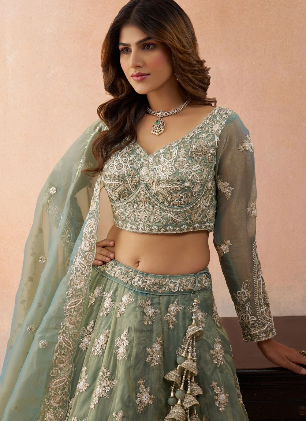 Sea green tissue lehenga with sequins thread embroidery