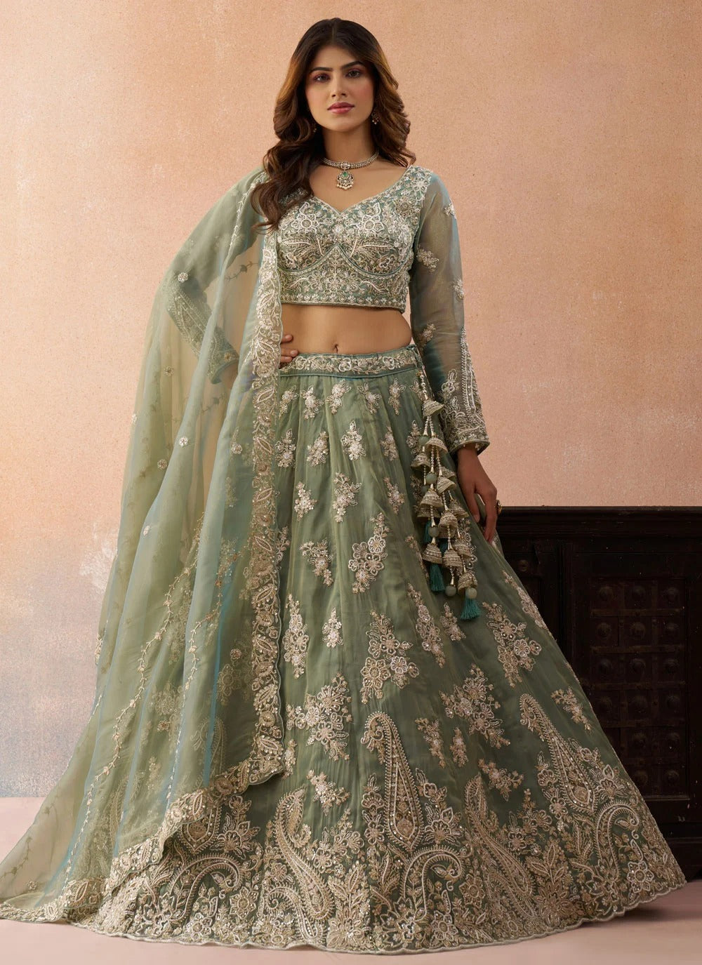 Sea green tissue lehenga with sequins thread embroidery