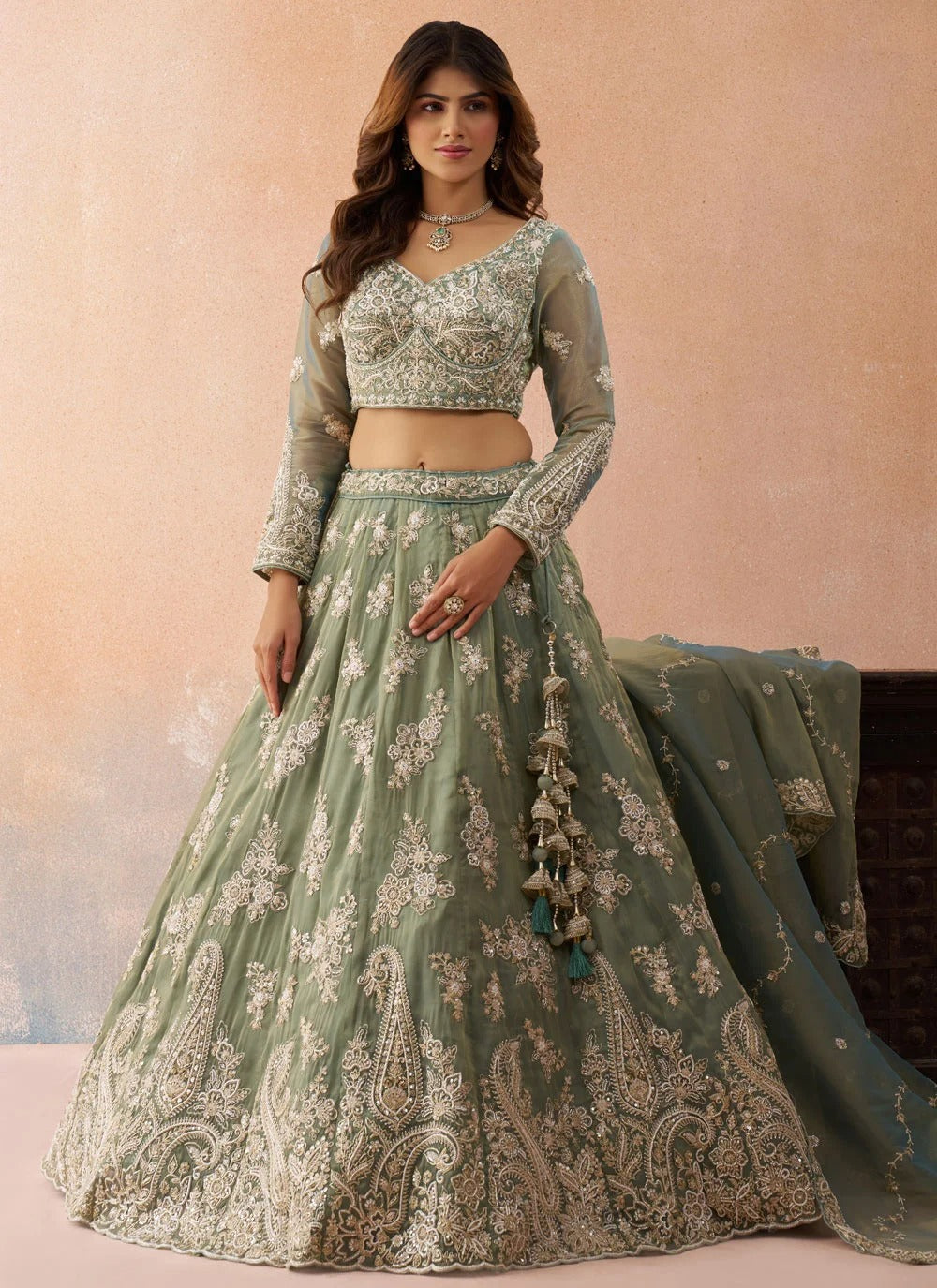 Sea green tissue lehenga with sequins thread embroidery