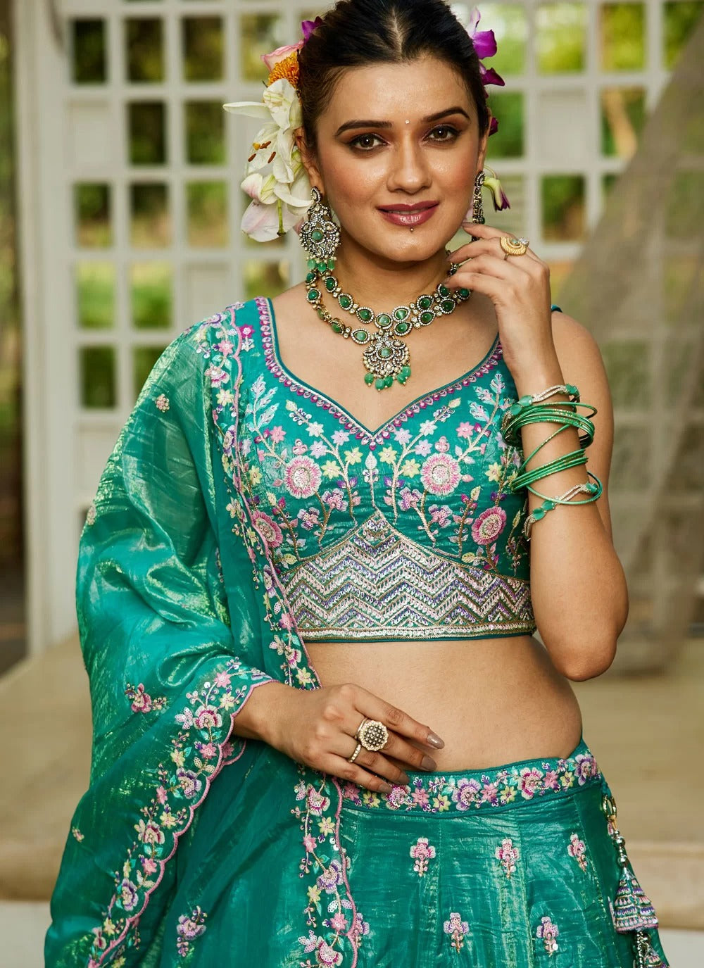 Sea green tissue embroidered wedding lehenga choli with sequins