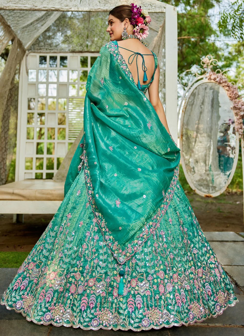 Sea green tissue embroidered wedding lehenga choli with sequins