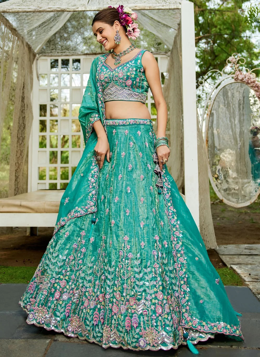 Sea green tissue embroidered wedding lehenga choli with sequins