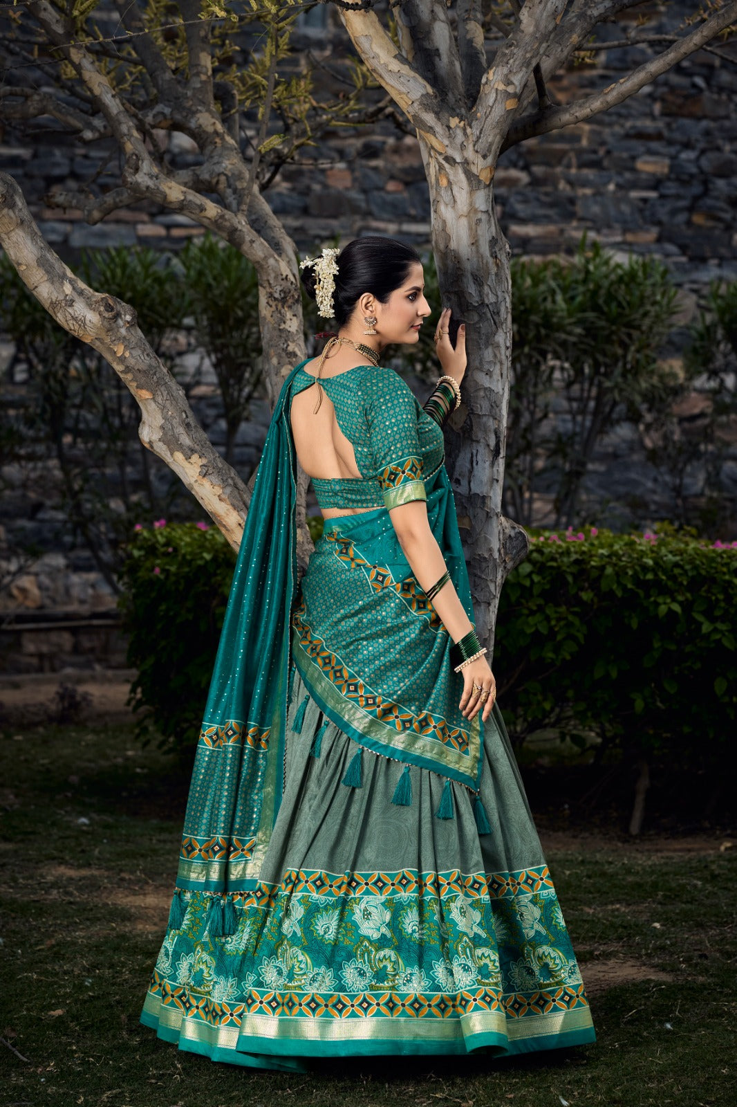 Sea Green Tussar Silk Lehenga Choli with Exquisite Foil Print Florals