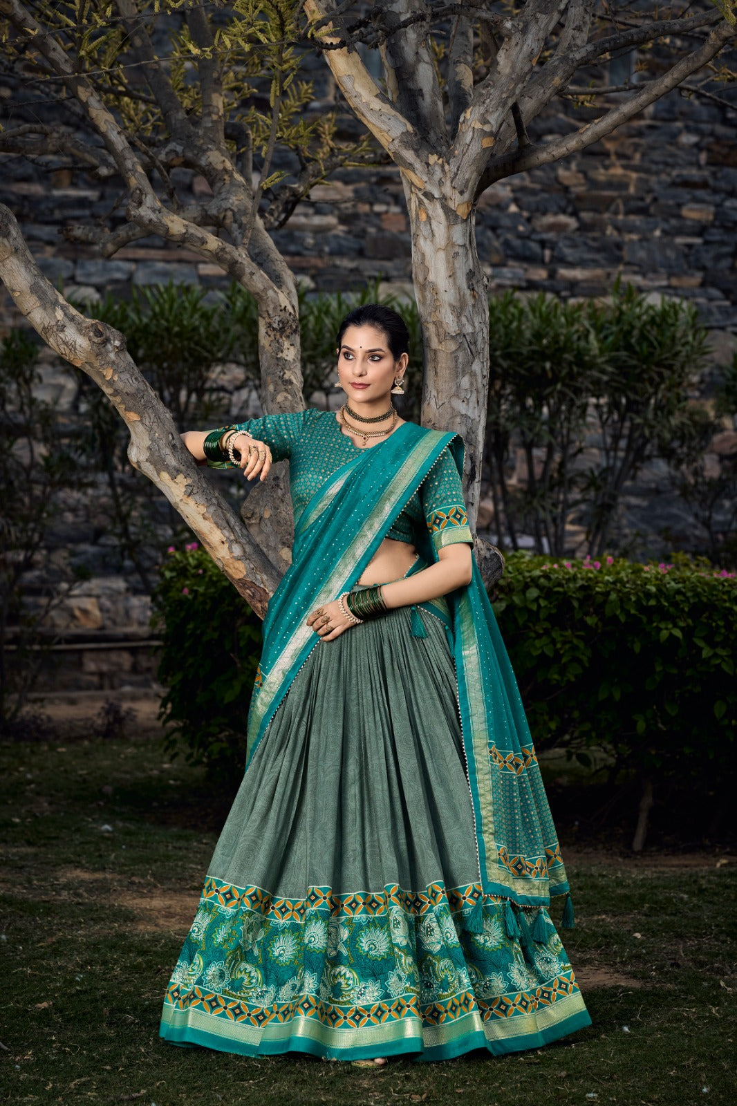 Sea Green Tussar Silk Lehenga Choli with Exquisite Foil Print Florals