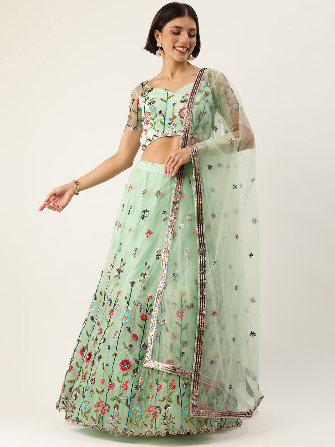 Sea green - Net Sequin Embroidered Semi-Stitched Lehenga