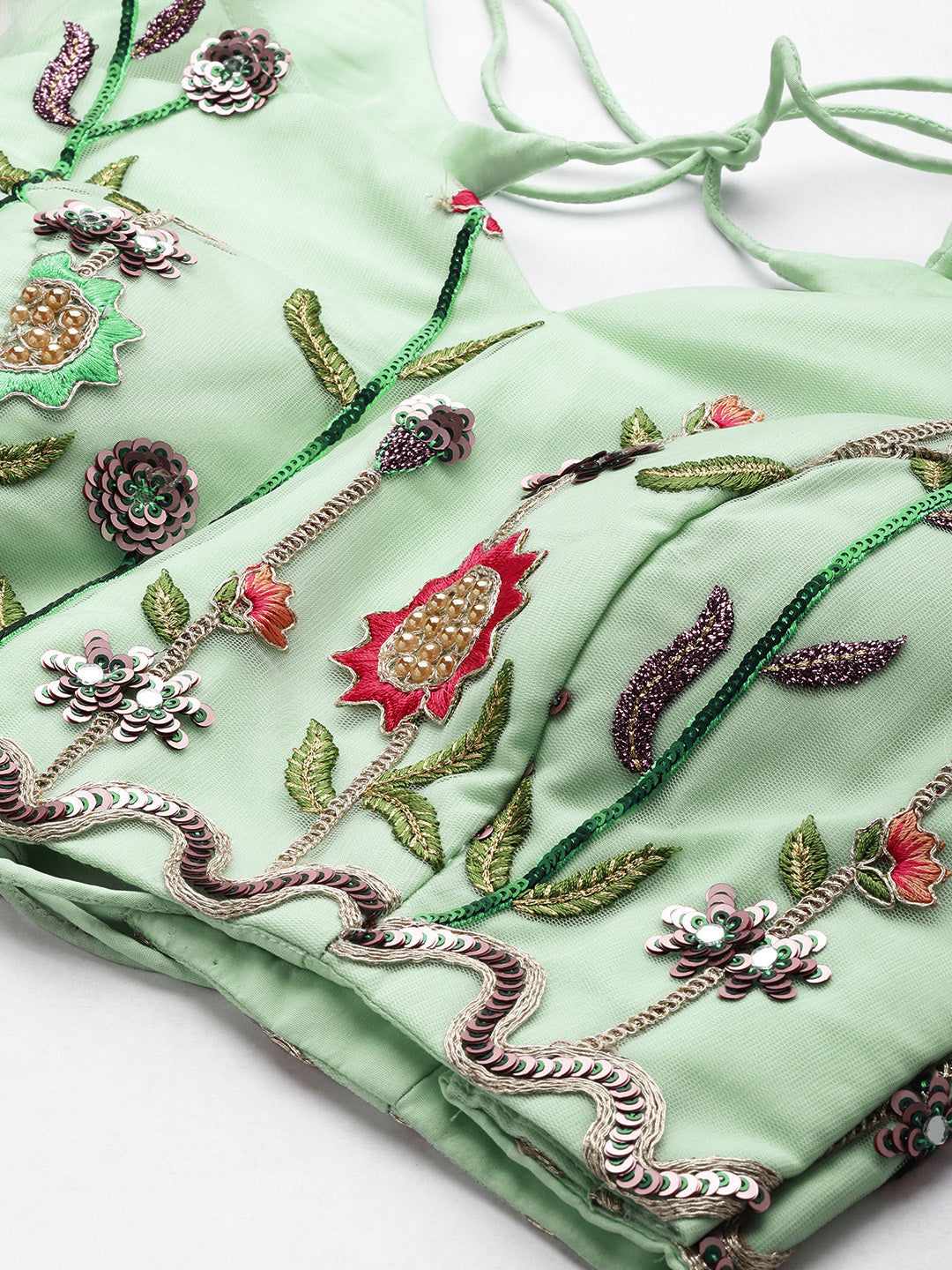 Sea green - Net Sequin Embroidered Semi-Stitched Lehenga