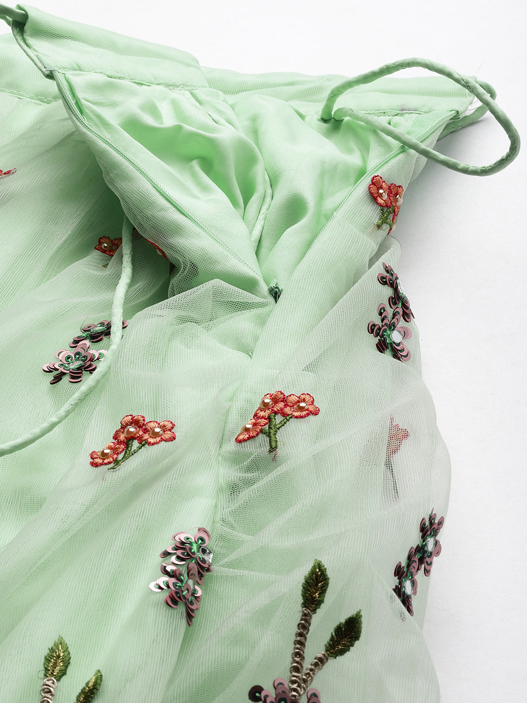 Sea green - Net Sequin Embroidered Semi-Stitched Lehenga