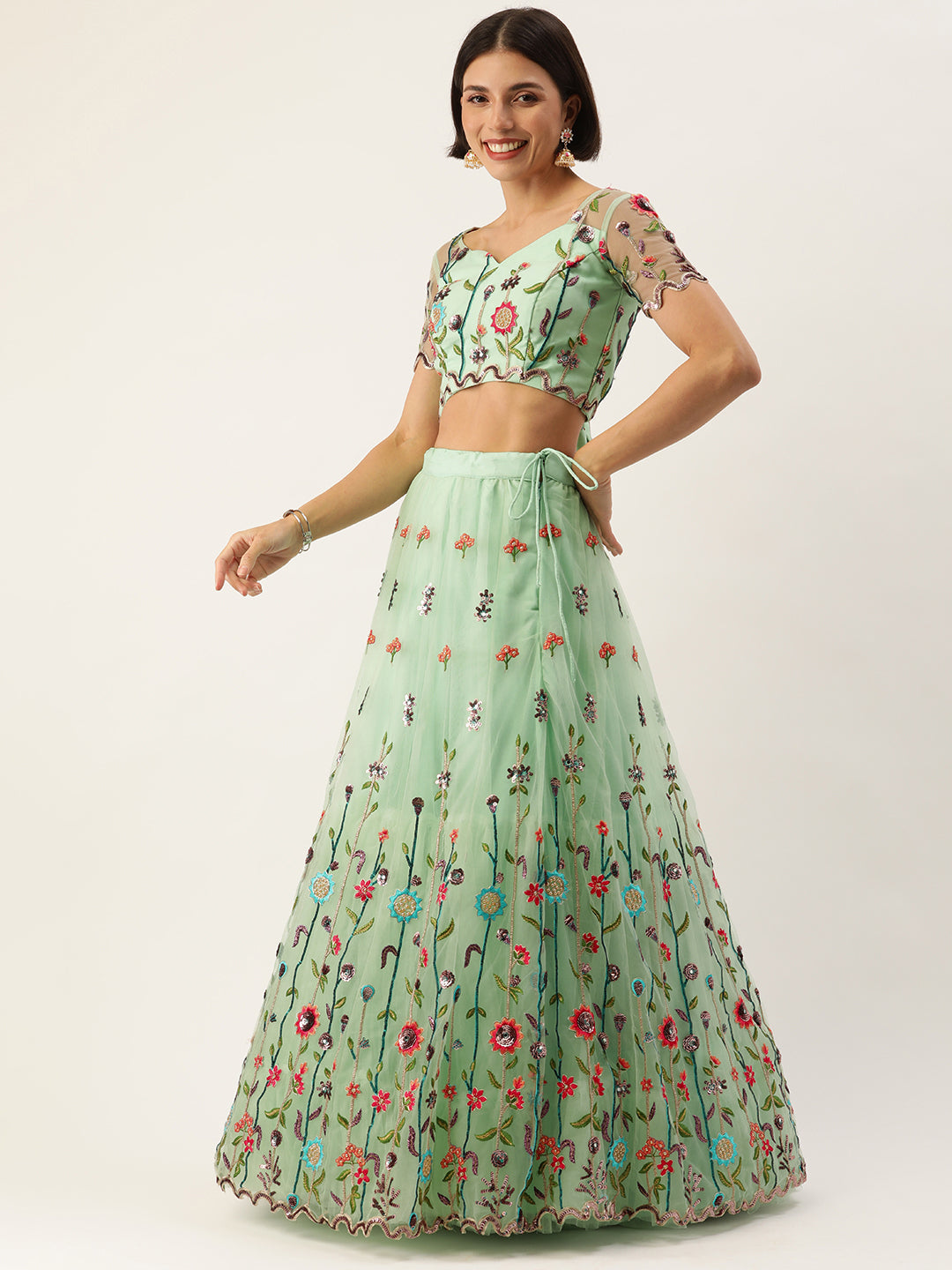 Sea green - Net Sequin Embroidered Semi-Stitched Lehenga