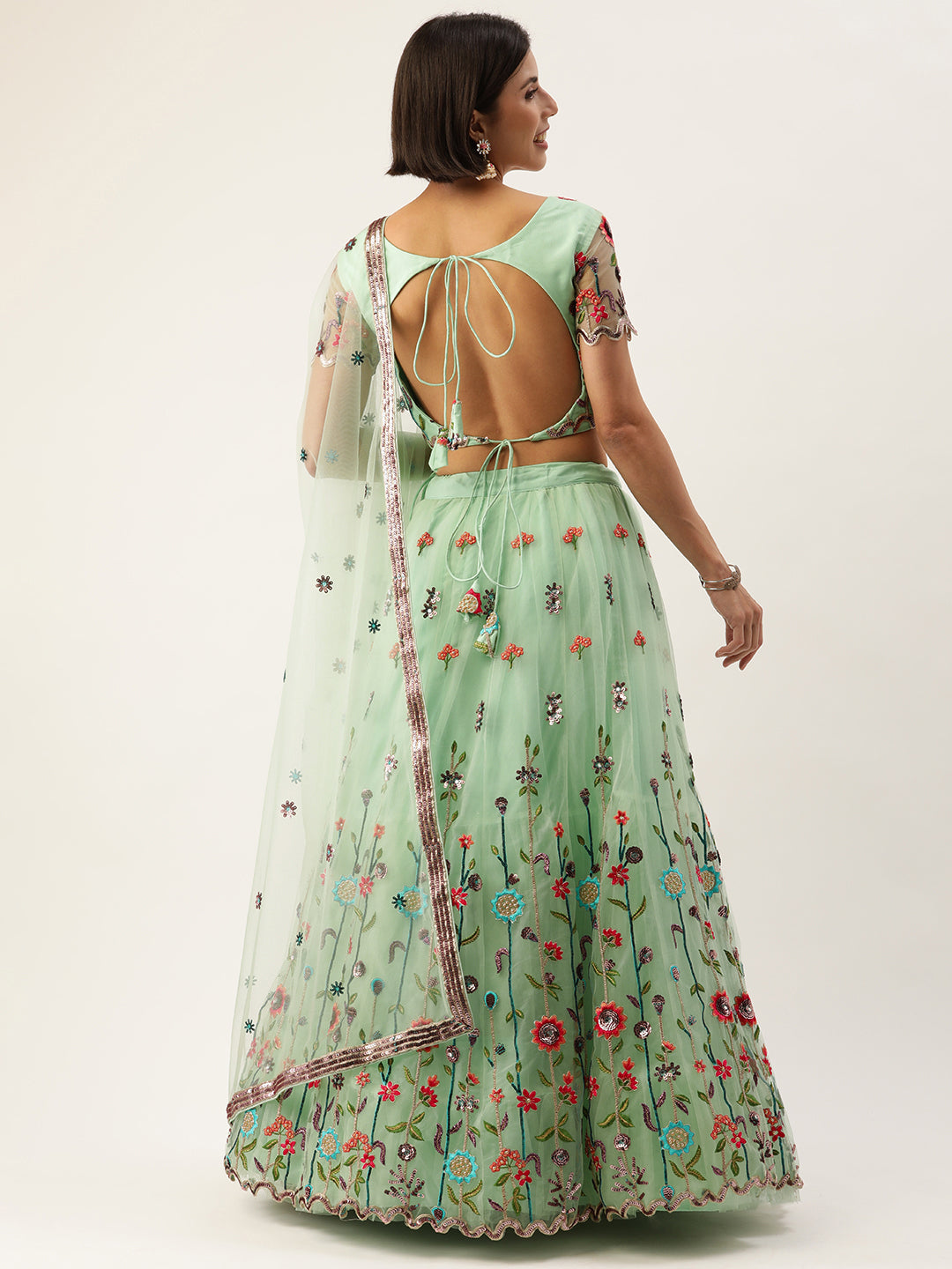 Sea green - Net Sequin Embroidered Semi-Stitched Lehenga