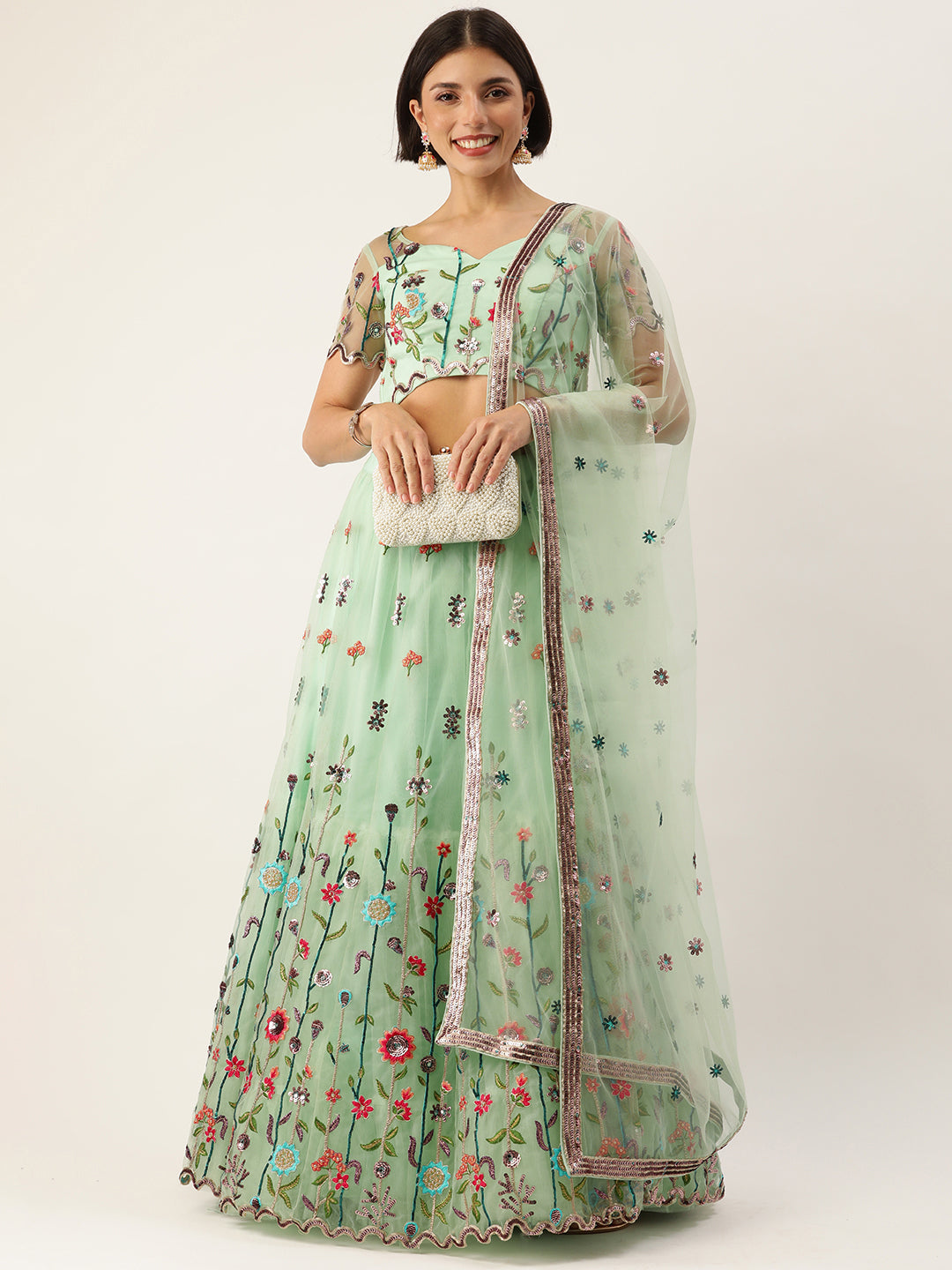 Sea green - Net Sequin Embroidered Semi-Stitched Lehenga