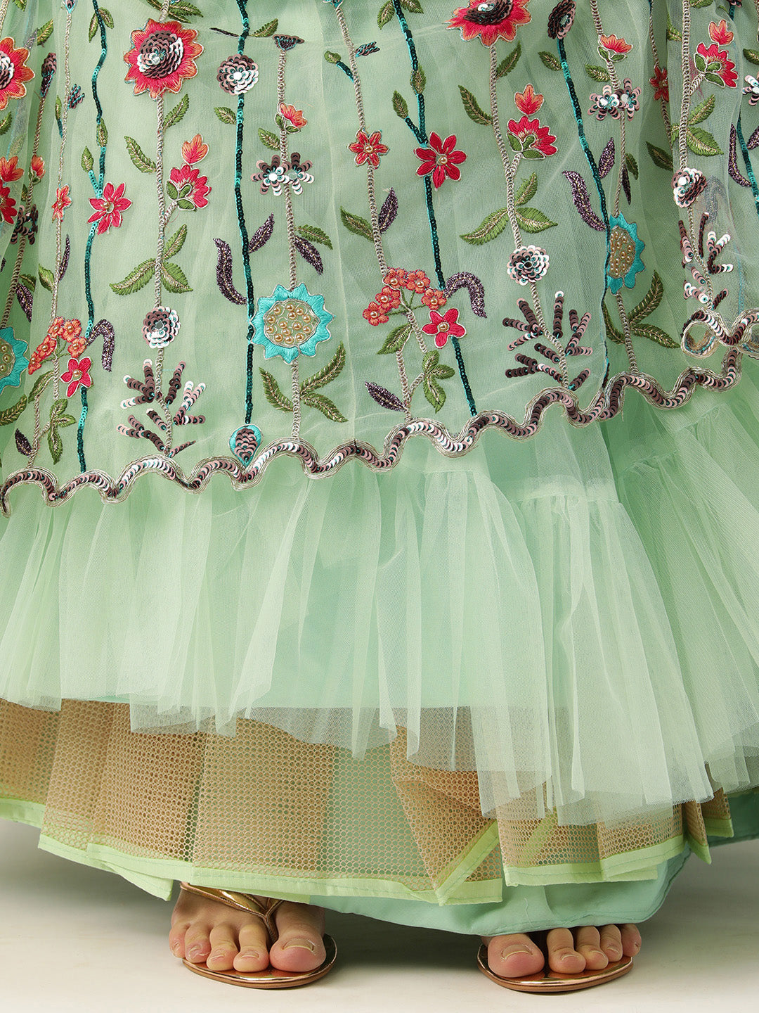 Sea green - Net Sequin Embroidered Semi-Stitched Lehenga