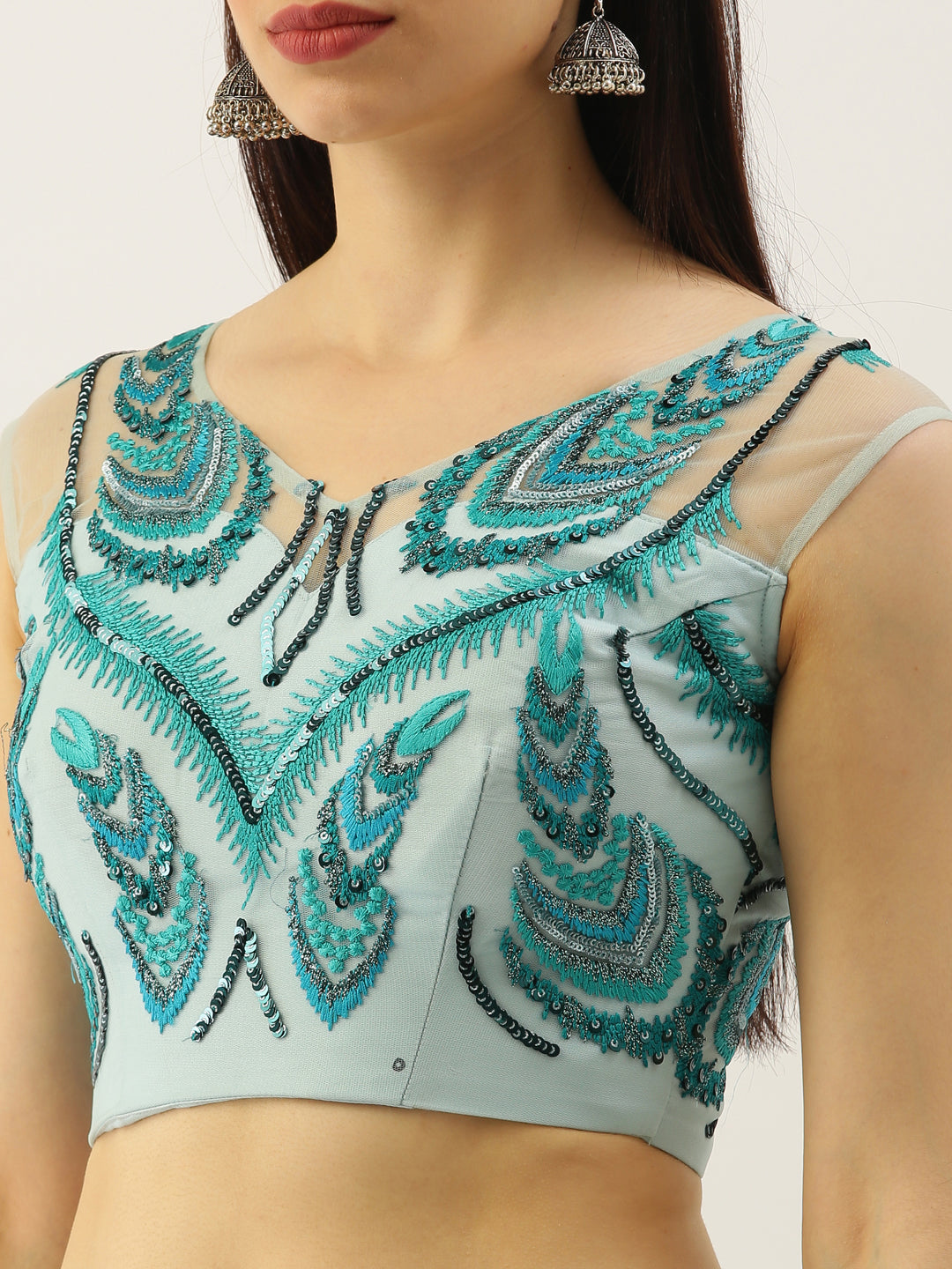 Sea green Net Sequins Embroidered Semi-Stitched Lehenga & Blouse with Dupatta