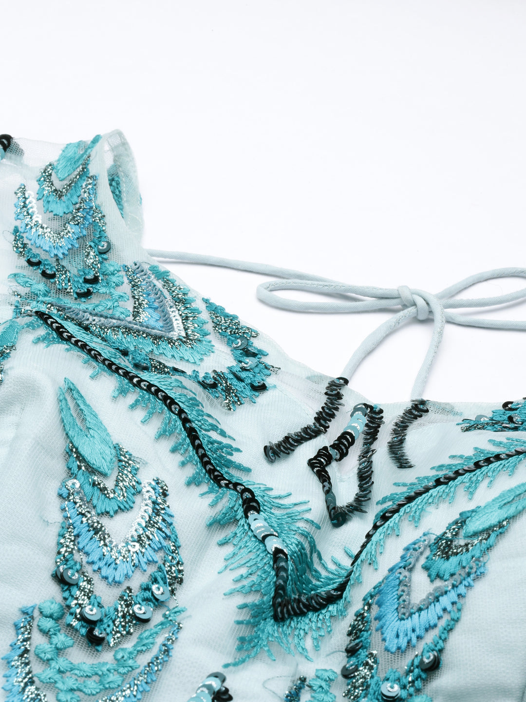 Sea green Net Sequins Embroidered Semi-Stitched Lehenga & Blouse with Dupatta