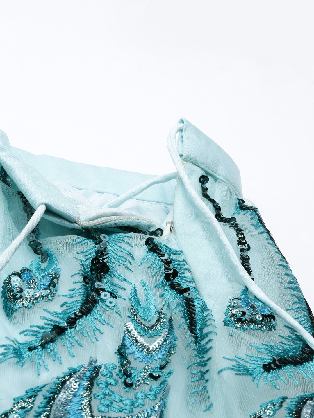 Sea green Net Sequins Embroidered Semi-Stitched Lehenga & Blouse with Dupatta