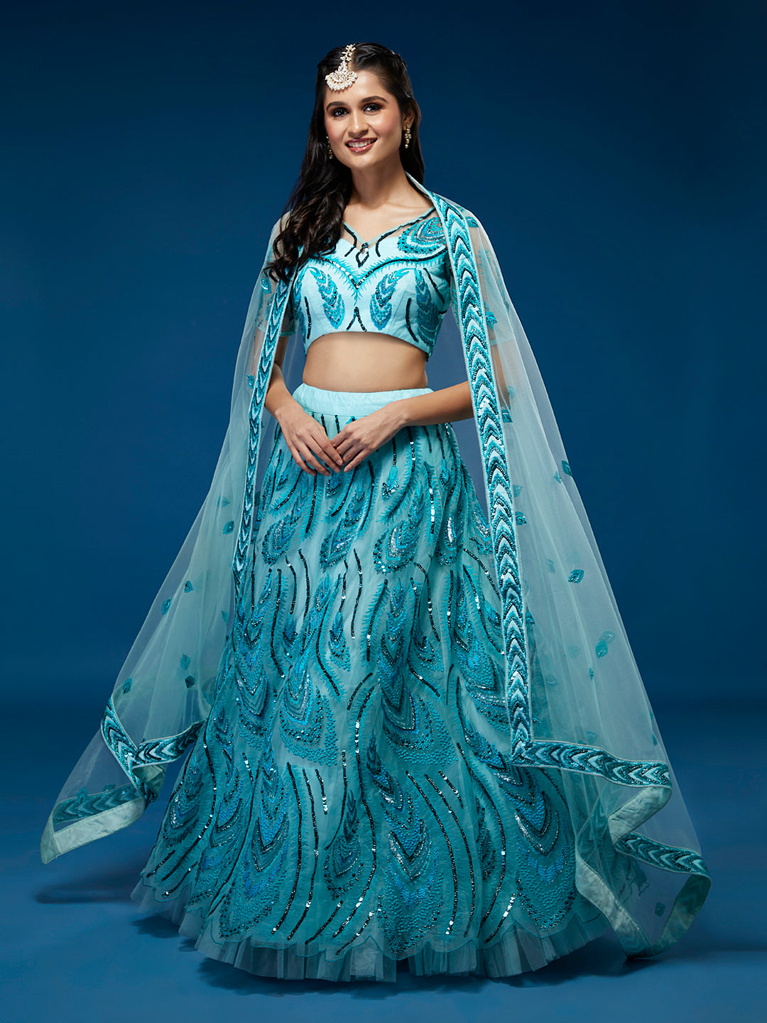 Sea green Net Sequins Embroidered Semi-Stitched Lehenga & Blouse with Dupatta