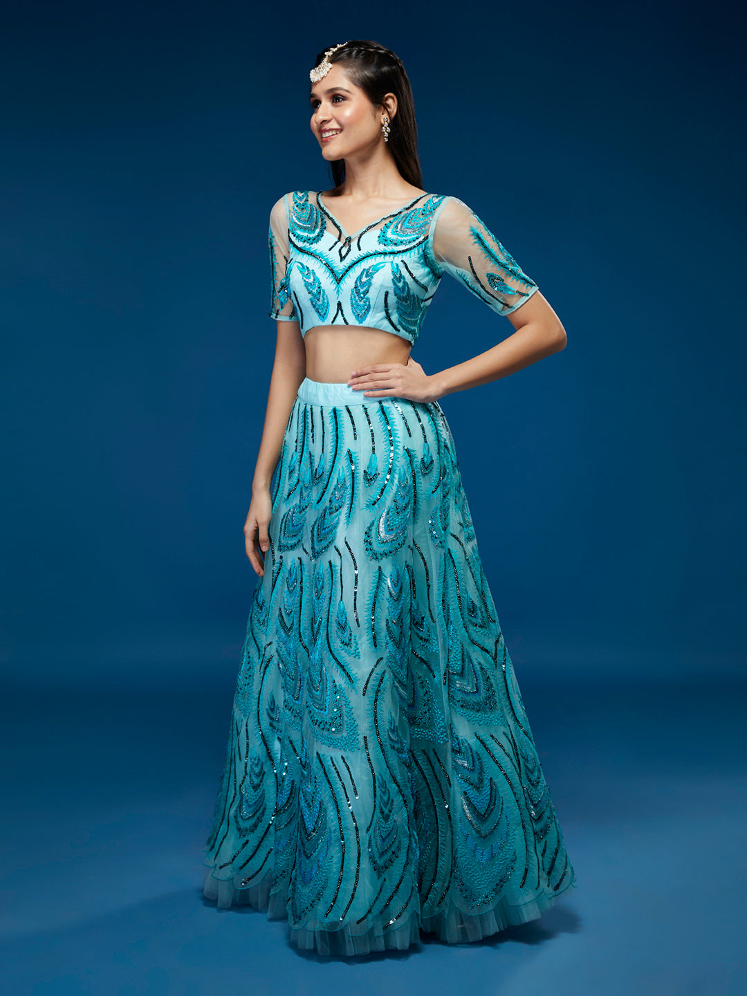Sea green Net Sequins Embroidered Semi-Stitched Lehenga & Blouse with Dupatta