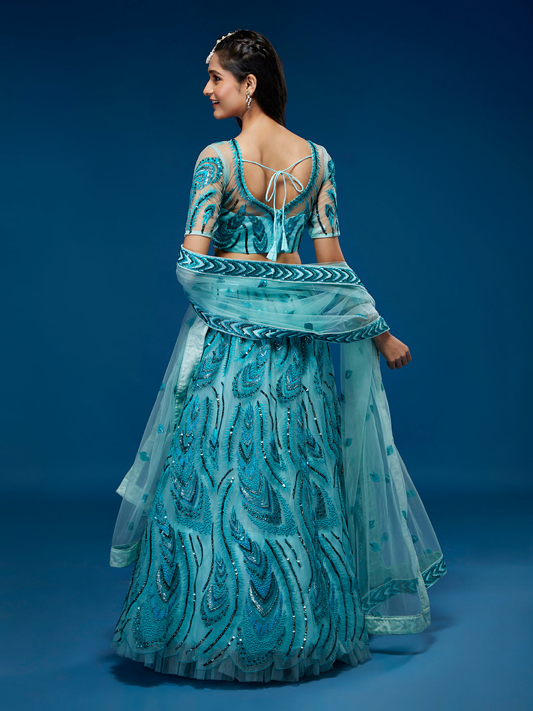 Sea green Net Sequins Embroidered Semi-Stitched Lehenga & Blouse with Dupatta