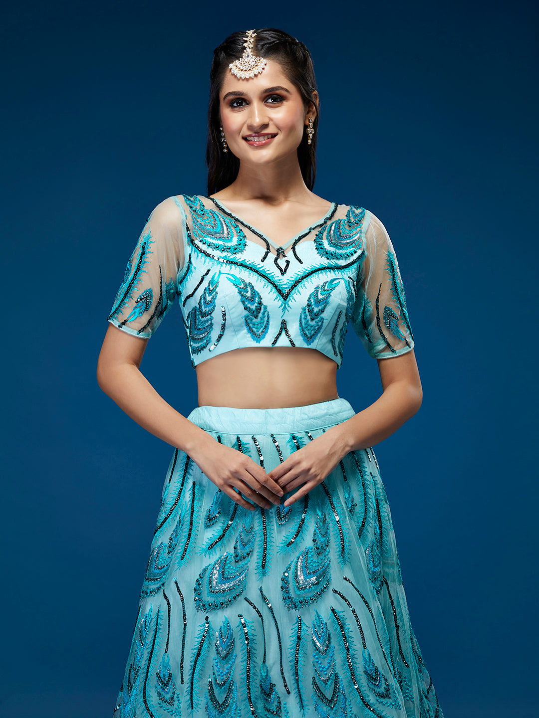 Sea green Net Sequins Embroidered Semi-Stitched Lehenga & Blouse with Dupatta