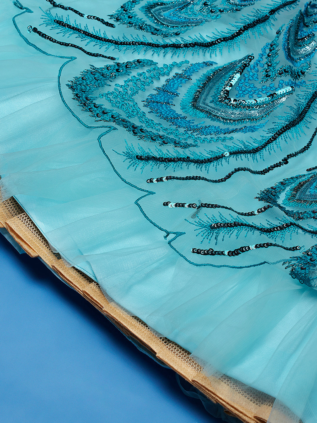 Sea green Net Sequins Embroidered Semi-Stitched Lehenga & Blouse with Dupatta