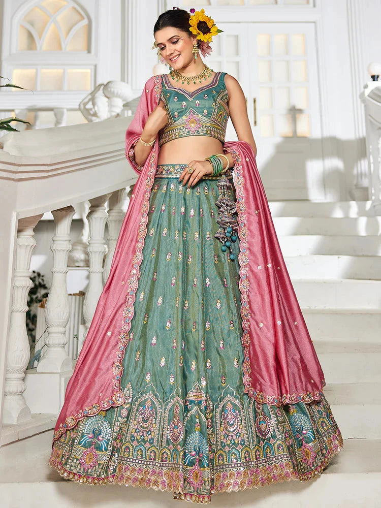 Seagreen Premium Tissue Sequin Embroidered Lehenga Choli Set with Ethnic Cutwork Dupatta & Handmade Tassels