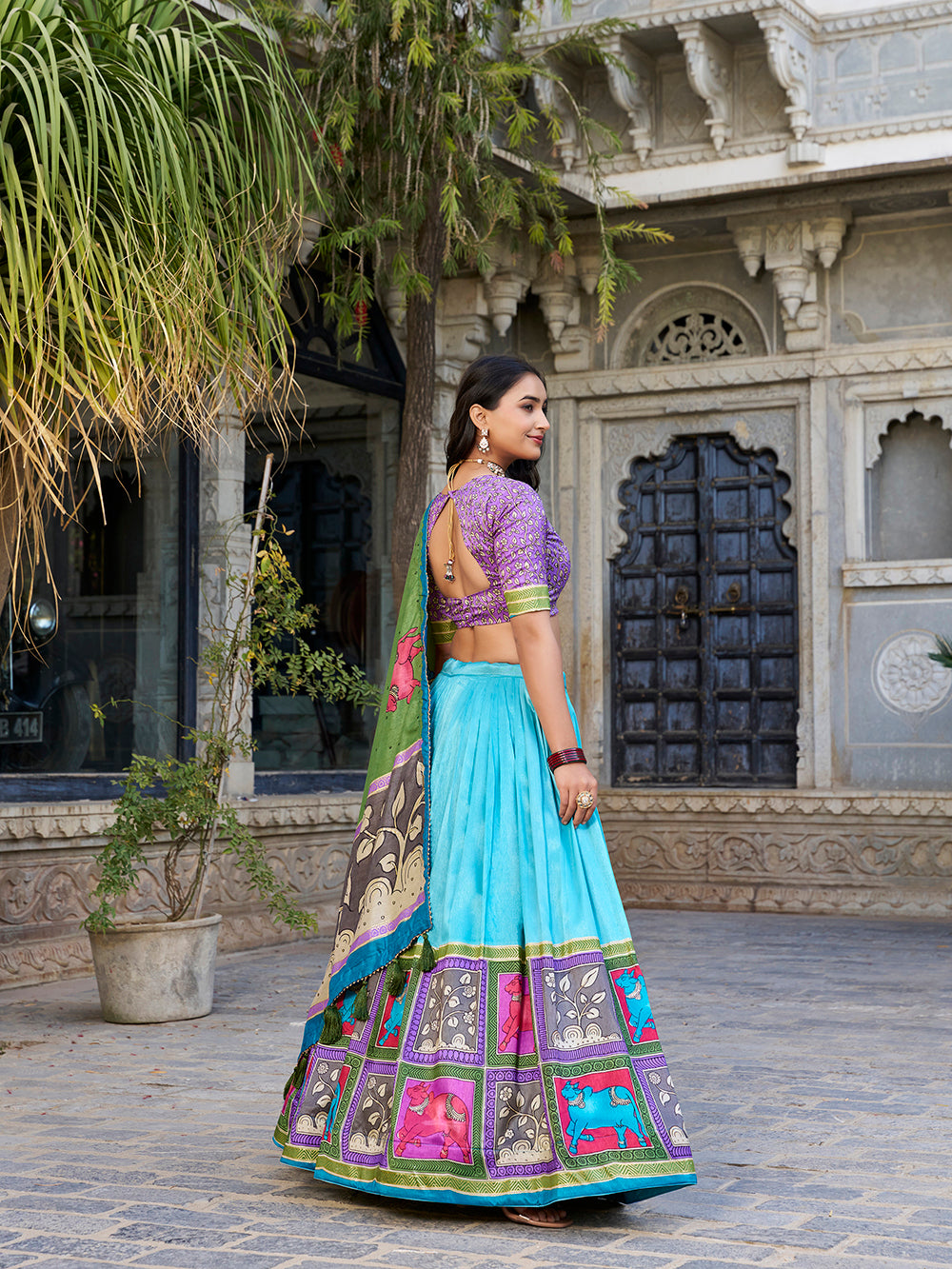 Sea green tasar silk lehenga choli with kalamkari print foil work