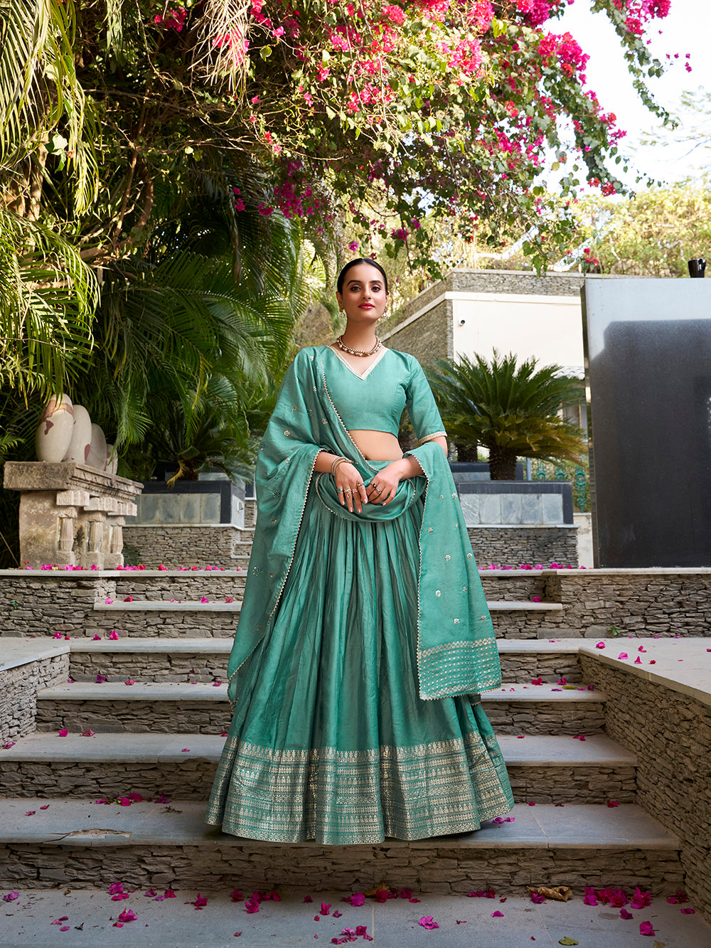Sea green chanderi silk lehenga choli with zari weaving matching dupatta