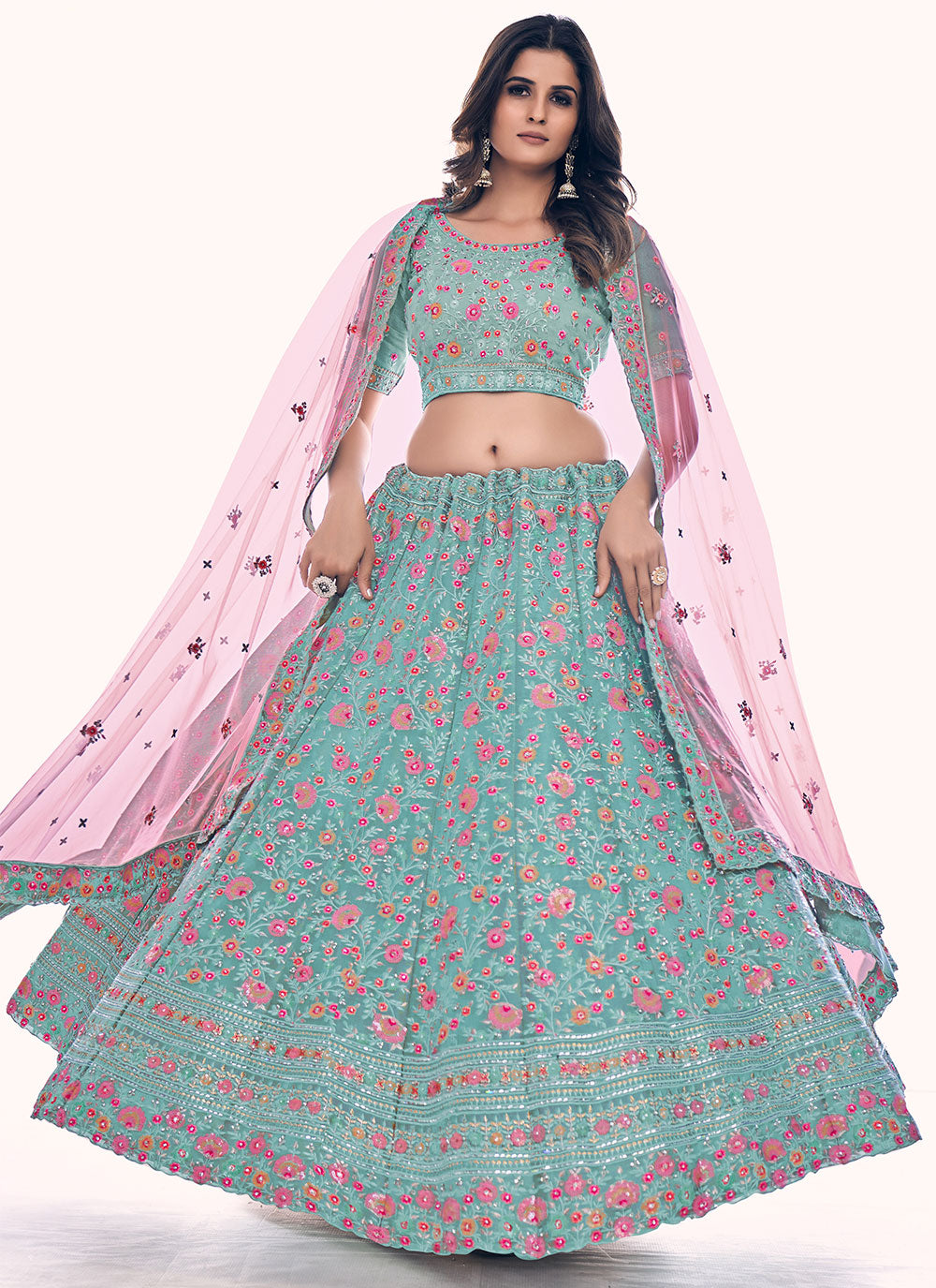 Turquoise Long Choli Lehenga