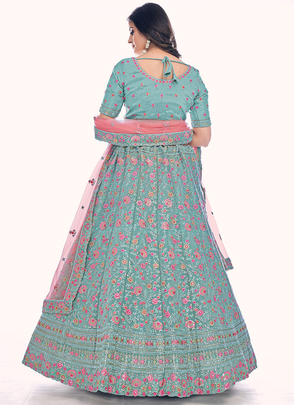 Turquoise Long Choli Lehenga