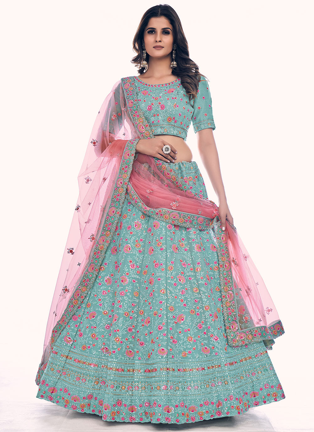 Turquoise Long Choli Lehenga