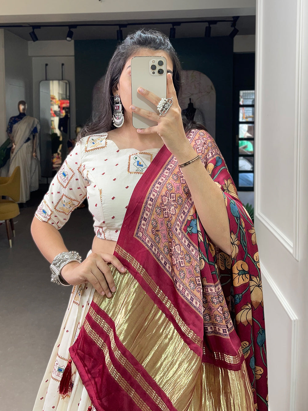 Square Design Sequins And Thread Embroidery Work Khadi Cotton Traditional lehenga Choli