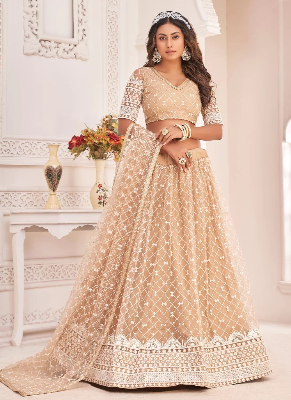 Sequence embroidered chikoo net party wear lehenga