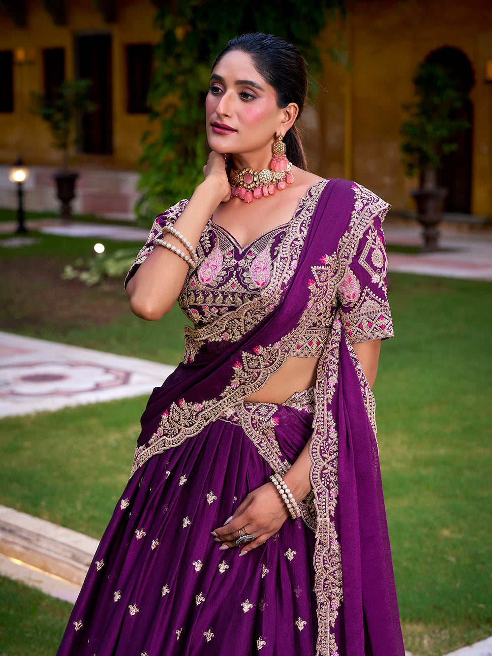 Purple rangoli crush wedding lehenga choli with sequins thread embroidery