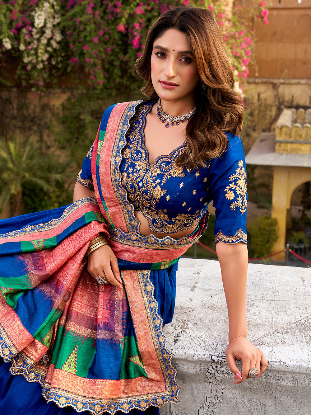 Royal blue vichitra silk lehenga choli with sequins thread embroidery