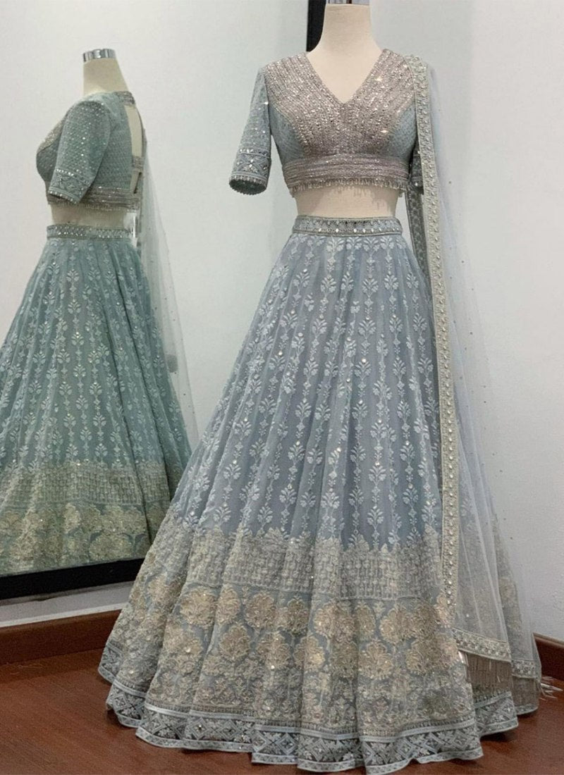 Sequined Faux Georgette Grey Lehenga Set with Net Dupatta