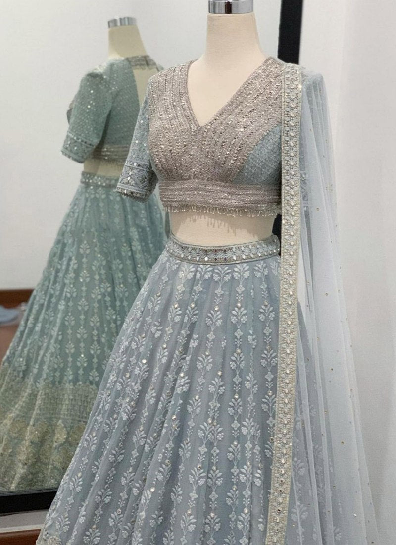 Sequined Faux Georgette Grey Lehenga Set with Net Dupatta