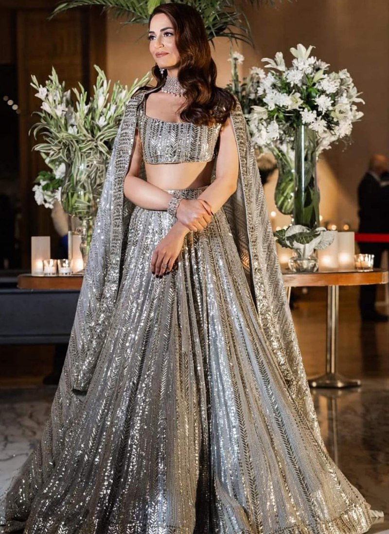 Sequined Georgette Grey Lehenga Set with Net Dupatta