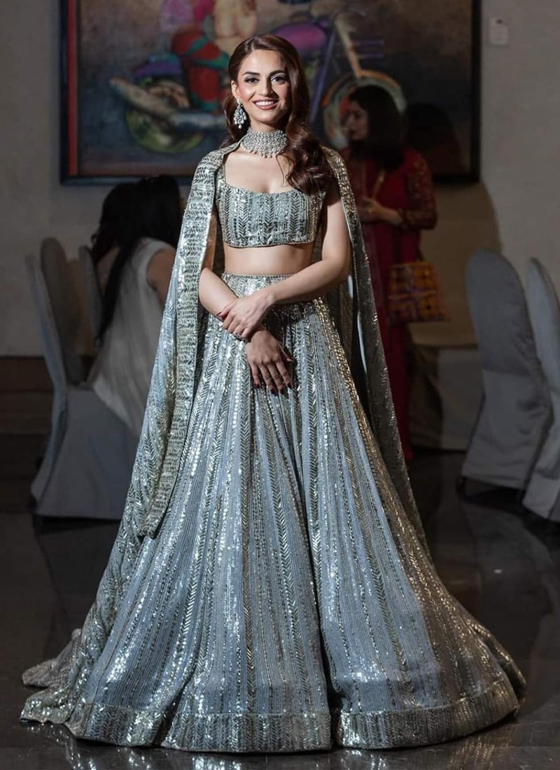 Sequined Georgette Grey Lehenga Set with Net Dupatta