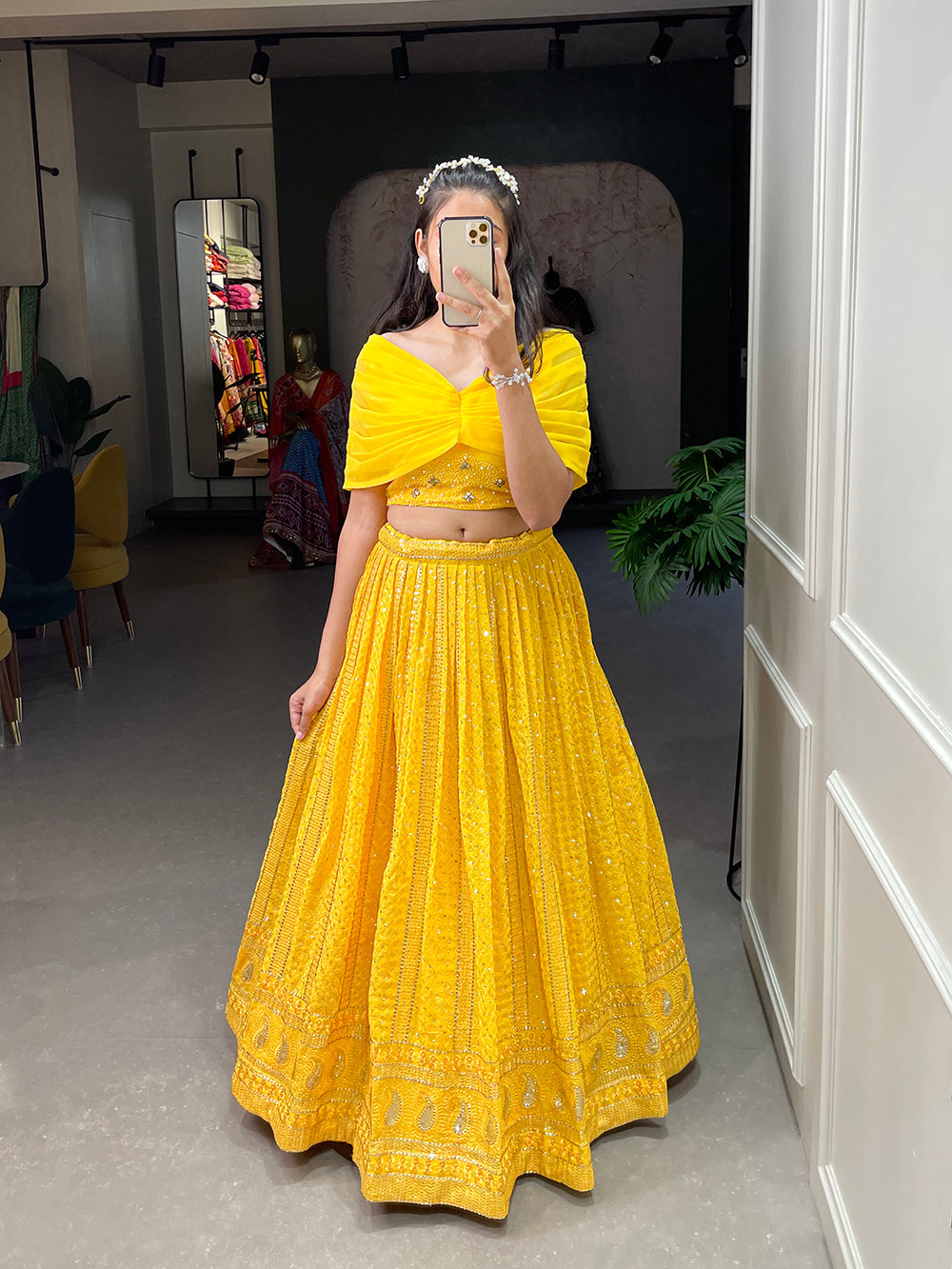 Yellow Color Sequins and Embroidery Thread Work Georgette Co-Ord Set Lehenga Choli