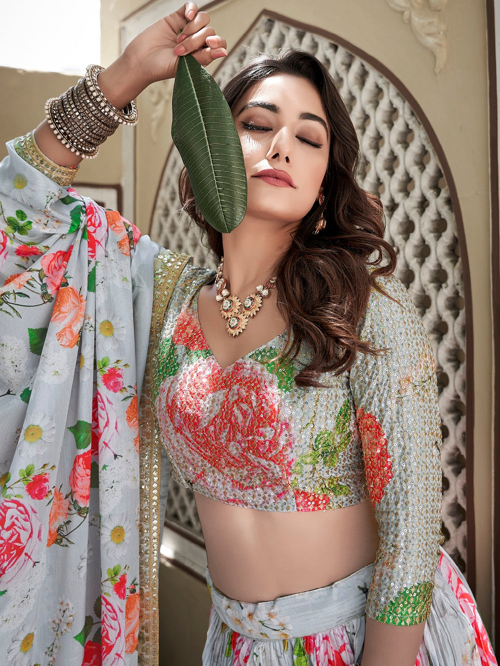 Sky Blue Color Digital Print With Sequins Embroidery Work Crushed Chinon Lehenga Choli