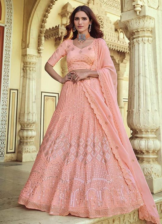 Sequins And Resham Work Occasion Wear Pink Lehenga Choli