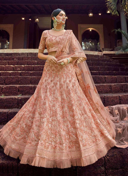 Sequins And Resham Work Pleasing Peach Lehenga Choli