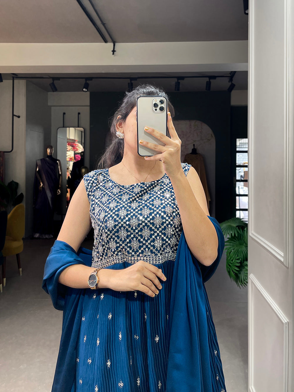 Teal Color Sequins And Thread Embroidery Work Crushed Rangoli Silk Dress