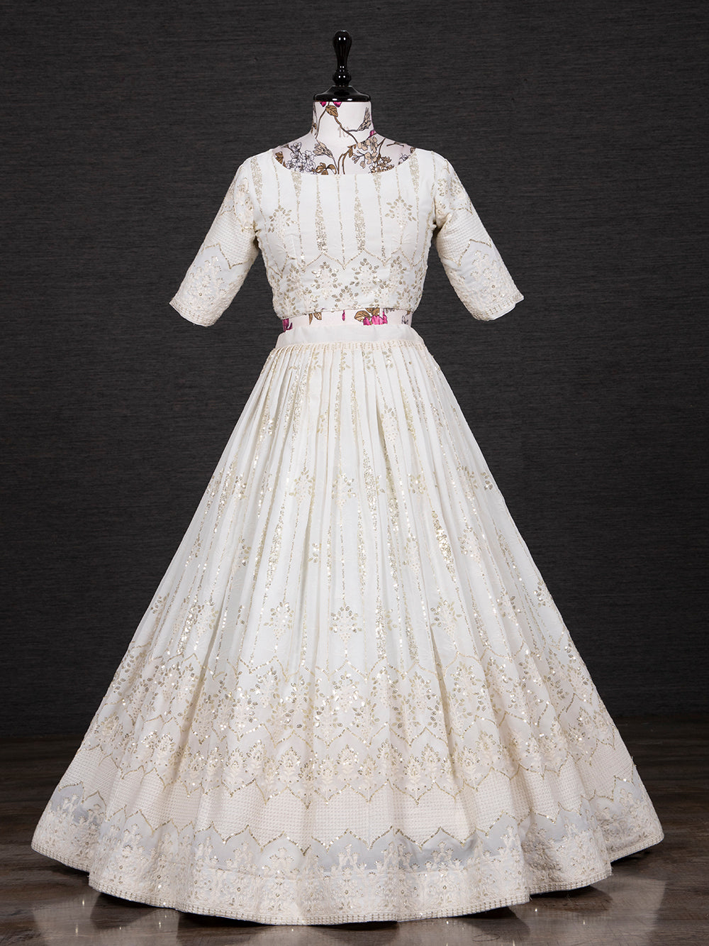 White Color Sequins And Thread Embroidery Work Georgette Lehenga Choli